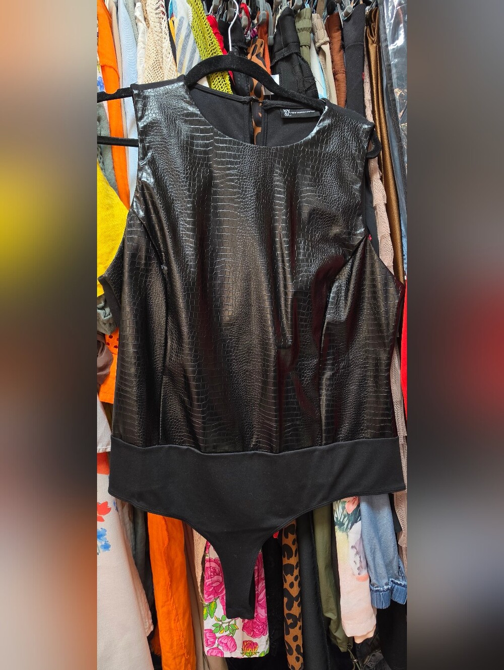 New York & Company Black Faux Croc Bodysuit Top